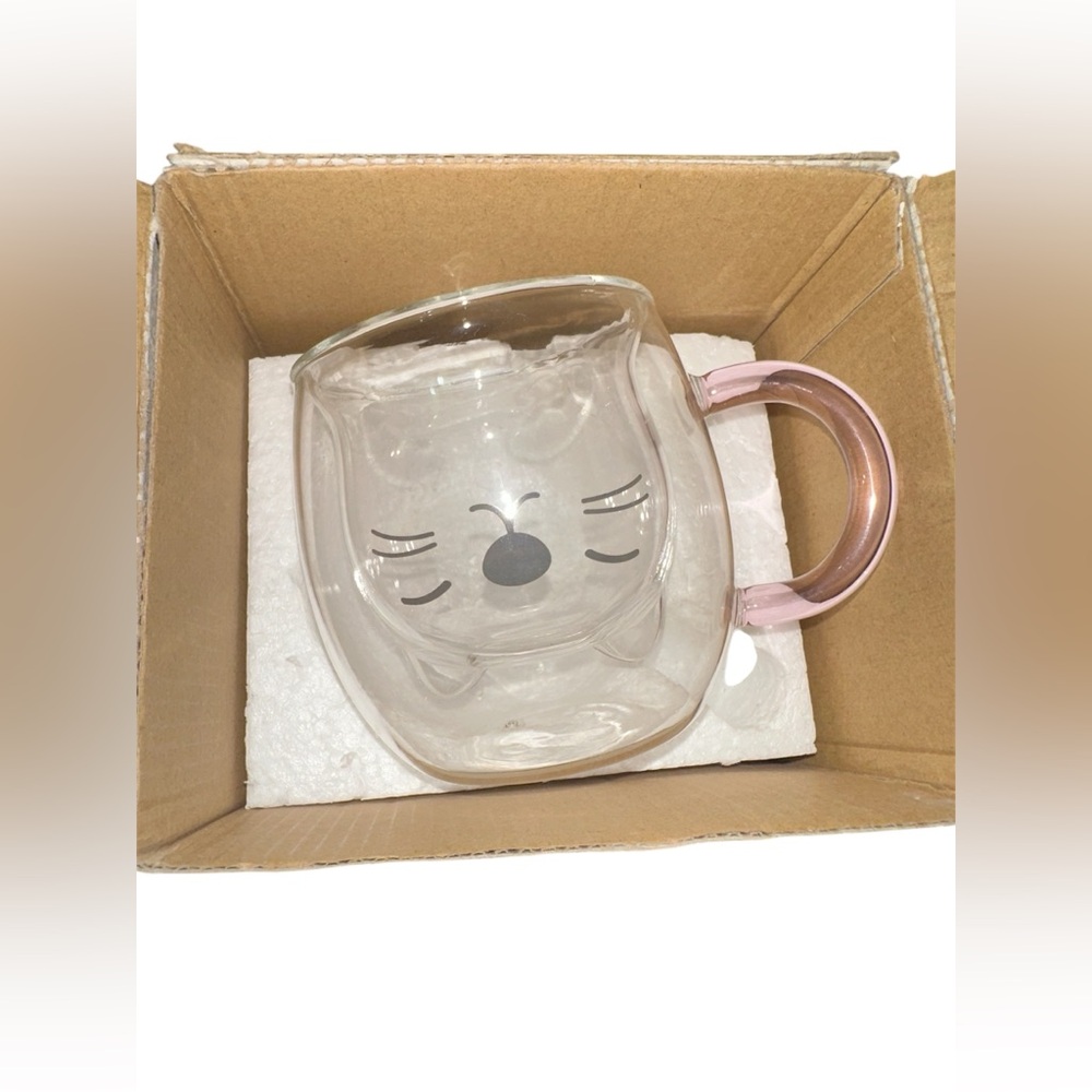 Cute Cat Face Glass Mug with Pink Handle